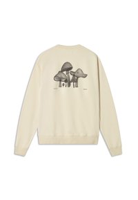 Beige sweatshirt met lange mouwen, voorzien van een grafische afbeelding van drie paddenstoelen in het zwart gedrukt op de achterkant. Zachte textuur, klassieke pasvorm.