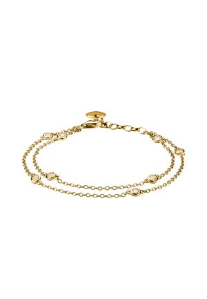 Doppellagiges Goldketten-Armband mit kleinen runden klaren Steinen, die gleichmäßig entlang beider Stränge verteilt sind, und einem Karabinerverschluss.