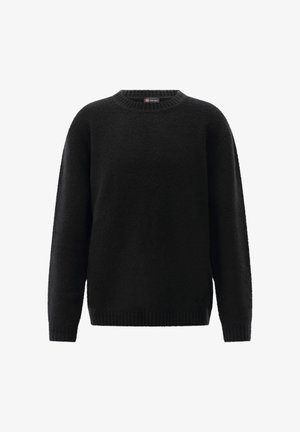 Schwarzer Langarm-Pullover mit Rundhalsausschnitt und geripptem Kragen, Bündchen und Saum, vor einem weißen Hintergrund präsentiert.