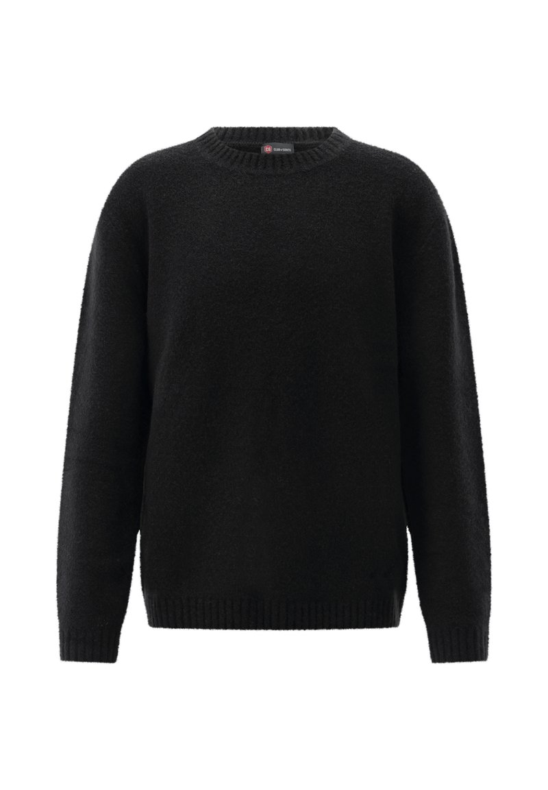 Schwarzer Langarm-Pullover mit Rundhalsausschnitt und geripptem Kragen, Bündchen und Saum, vor einem weißen Hintergrund präsentiert.