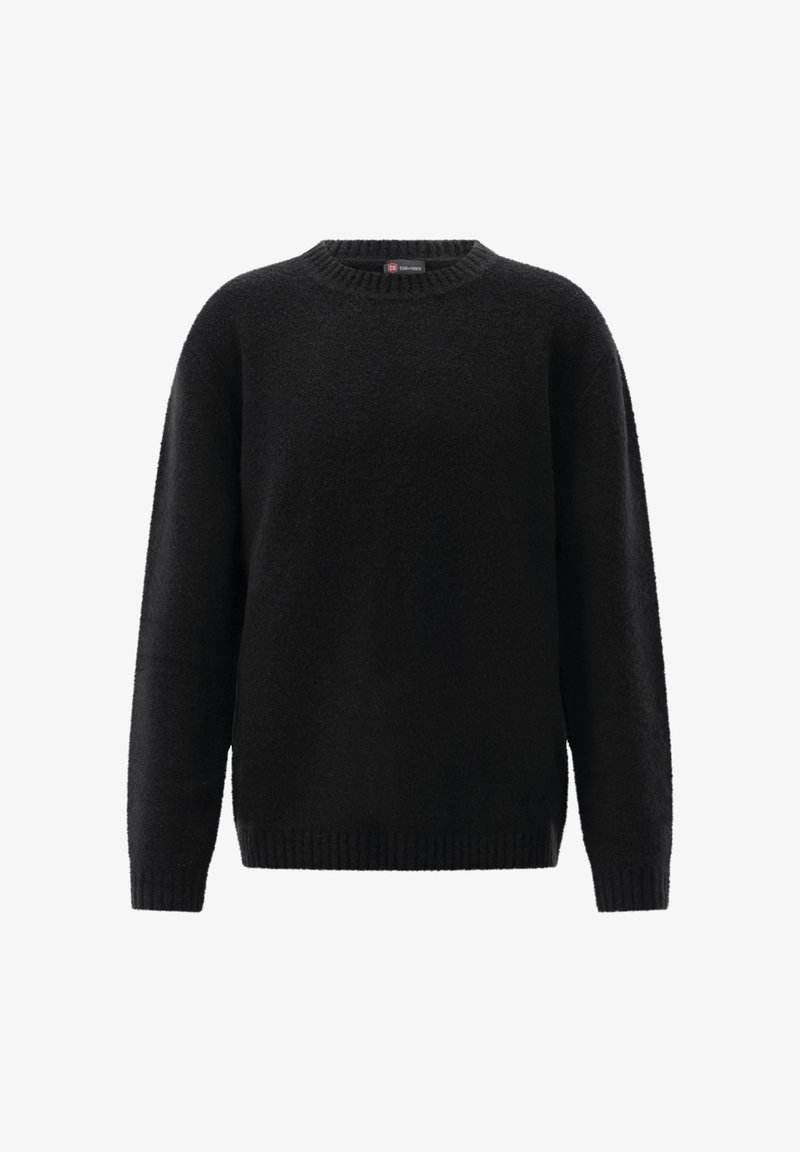 Schwarzer Langarm-Pullover mit Rundhalsausschnitt und geripptem Kragen, Bündchen und Saum, vor einem weißen Hintergrund präsentiert.