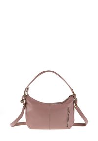 Rosa Leder-Schultertasche mit geschwungenem Design, doppelten Schulterriemen und einer Reißverschlusstasche an der Seite. Texturierte Oberfläche mit goldenen Hardware-Elementen.