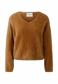 Brauner Kaschmirpullover mit weicher, flauschiger Textur, V-Ausschnitt und langen Ärmeln. Kürzeres Design mit minimaler Nahtgestaltung.