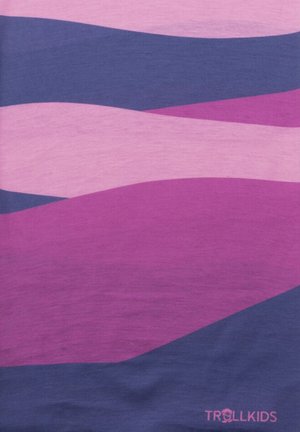 Fabric with wavy horizontal stripes in dark blue, light pink, and purple, with a small "TROLLKIDS" logo in the bottom right corner.