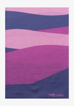 Fabric with wavy horizontal stripes in dark blue, light pink, and purple, with a small "TROLLKIDS" logo in the bottom right corner.