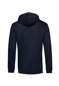 Sudadera de color azul marino hecha de tela suave, con capucha ajustable, mangas largas y puños y dobladillo acanalados para un ajuste ceñido.