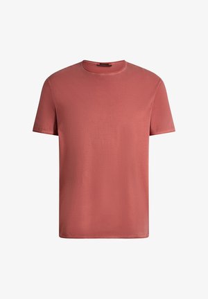 Ein schlichtes T-Shirt mit kurzen Ärmeln und Rundhalsausschnitt in gedämpftem Ziegelrot, aus glattem Stoff und mit normaler Passform.