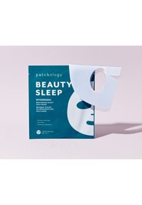 Hydrogel ansigtsmaskeemballage i teal med hvid skrift. Har et udskæringsdesign og blank tekstur. Produktnavn: "Beauty Sleep" af Patchology.