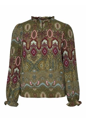 Blouse à manches longues avec un col à volants, présentant un motif cachemire dans des tons de vert, bourgogne, rose et or. Tissu doux, coupe légèrement ample.