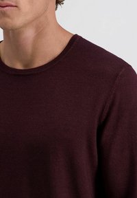 Nahaufnahme einer Person, die einen dunklen burgunderfarbenen Rundhals-Pullover trägt, wobei der Hals, die Schulter und der obere Brustbereich sichtbar sind.