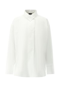 Camicia bianca a maniche lunghe con colletto classico, chiusura con bottoni e superficie liscia. Presenta una vestibilità ampia e una leggera lucentezza.