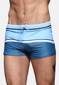 Shorts de bain pour hommes en bleu clair et marine, avec des rayures horizontales, une taille à cordon de serrage et un tissu lisse et extensible.