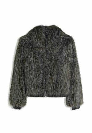 Faux furjakke i grå nuancer med høj hals, lange ærmer og lynlås foran. Teksturen er fyldig og blød, med et kort design.