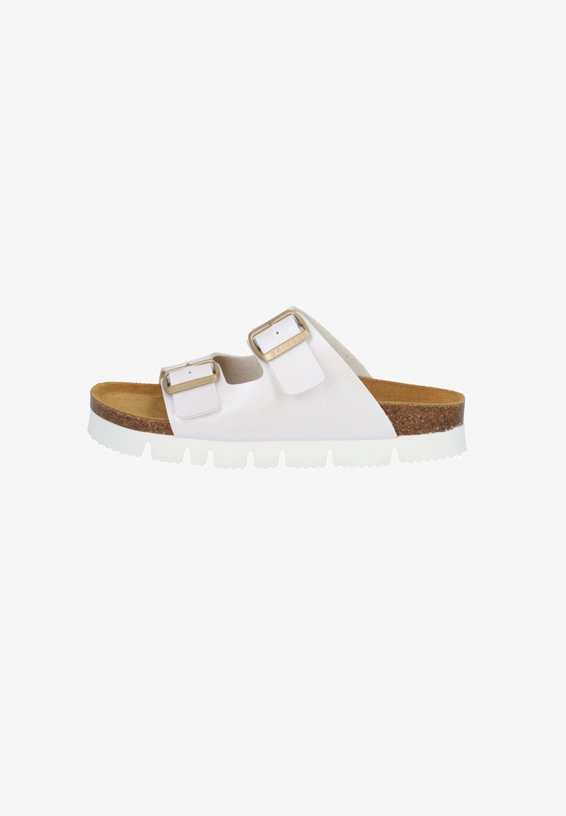 White slide sandals with two adjustable straps, metallic buckles, and a cork footbed. The sole features a textured, white rubber bottom.