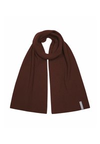 Brązowy prążkowany szalik wykonany z miękkiego materiału, o gładkiej teksturze i małej metce z logo na jednym końcu.