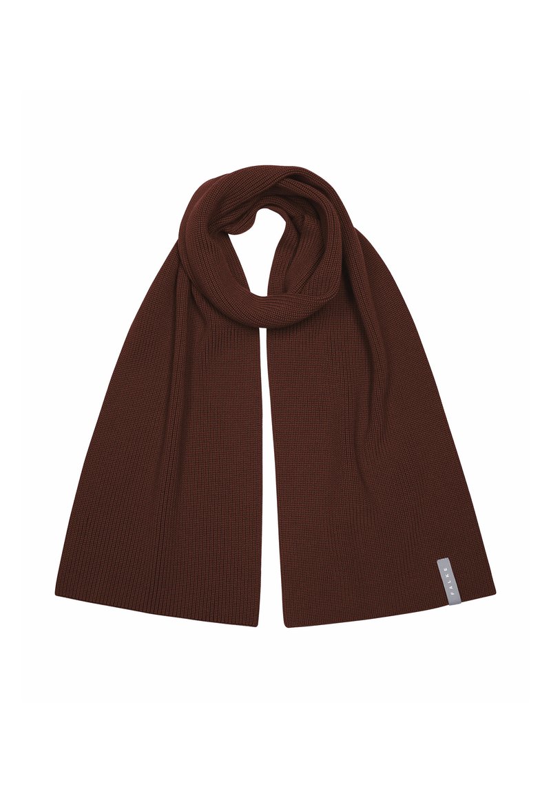 Brązowy prążkowany szalik wykonany z miękkiego materiału, o gładkiej teksturze i małej metce z logo na jednym końcu.