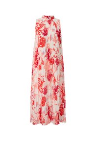 Robe maxi plissée en tissu transparent avec un motif floral dans des nuances de rouge et de rose, dotée d'un col montant et d'une texture douce.