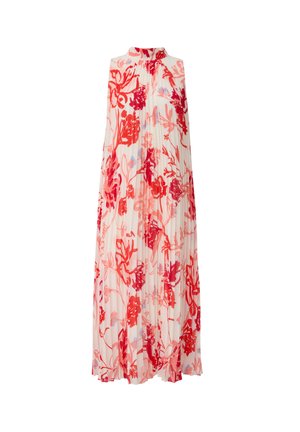 Faltendes Maxikleid aus durchsichtigem Stoff mit floralem Muster in Rottönen und Rosa, mit hohem Ausschnitt und weicher Textur.