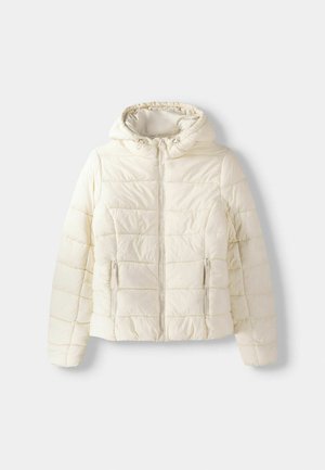Cream-colored puffer jacket with a hood, featuring quilted sections, zippered front, and two zippered side pockets. Soft texture.