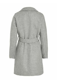 Manteau en laine gris clair mi-long, manches longues, col, détails de couture et ceinture en tissu nouée à l’arrière.
