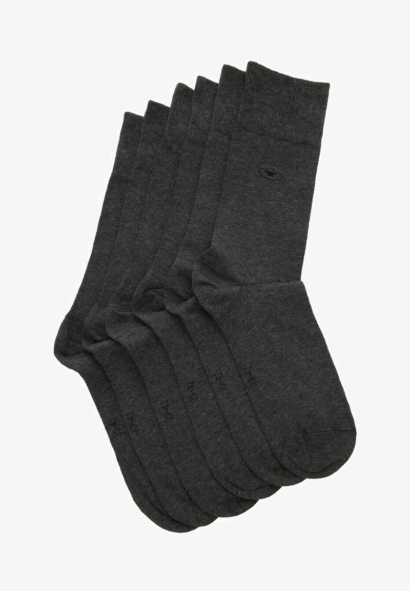 Dunkelgraue Baumwollsocken, gestapelt, mit einem gerippten Bündchen und glatter Textur, versehen mit dezenten Logos near der Zehe.