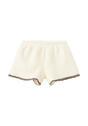 Gebreide short in crèmekleur met een elastische tailleband en een donkere geschulpte afwerking langs de beenopeningen.