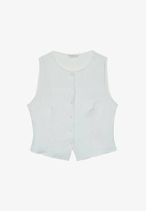 Bijela bezrukavna bluza od lagane tkanine, sa okruglim izrezom i prednjim zatvaranjem na dugmad, s lagano zakrivljenim rubom.