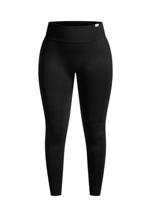 Leggings negros con una cintura alta y acanalada. La tela tiene una textura suave y un diseño ajustado sin costuras visibles.