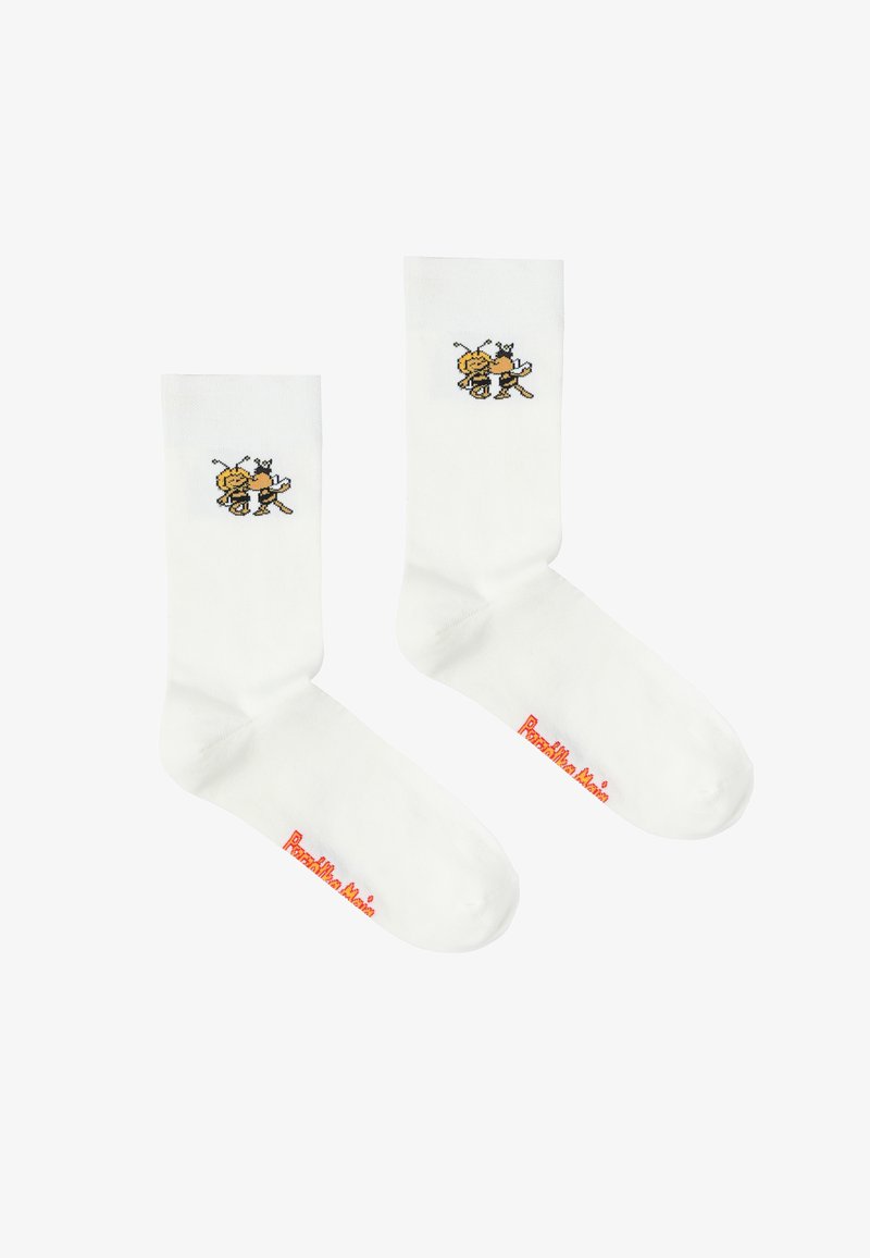 Chaussettes basses blanches avec un petit motif d'abeille jaune et marron près du haut et un texte rouge sur la partie du pied.