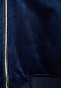 Granatowa aksamitna kurtka z złotym zamkiem błyskawicznym i ściągaczami na rękawach. Gładka faktura z eleganckim fasonem i bocznymi kieszeniami.