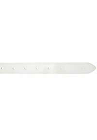 Cintura in pelle bianca con una superficie liscia, dotata di sei fori per la regolazione e una punta appuntita. Design minimalista senza accessori.