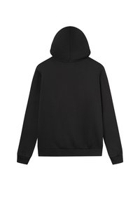 Schwarzer Kapuzenpullover aus weichem Stoff, mit langen Ärmeln und taillierter Passform. Glatte Textur ohne sichtbare Muster oder Designs.