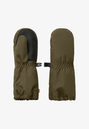 Oliivroheline kindad, mis on valmistatud pehmest, ilmastikukindlast kangast, musta peopesaga, elastse mansetiga ja reguleeritava rihmaga, et tagada kindel sobivus.