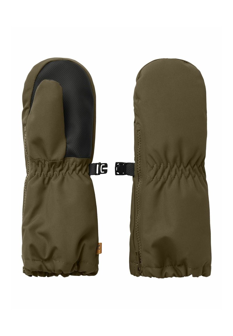 Olive green rokavice iz mehke, vremensko odporne tkanine z črnim oprijemom na dlaneh, elastičnim manžetnim delom in nastavljivim trakom za varno prileganje.