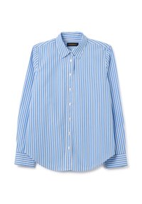 Chemise à manches longues bleu et blanc à rayures verticales, avec col et poignets, posée à plat sur un fond blanc.