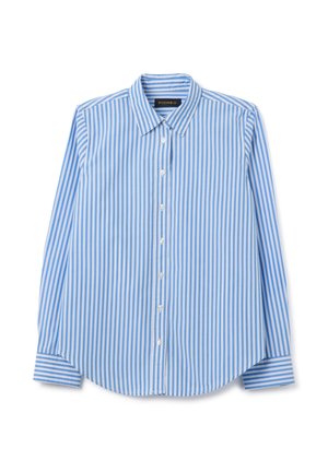 Camicia a maniche lunghe con bottoni, a righe verticali blu e bianche, con colletto e polsini, posata su uno sfondo bianco.
