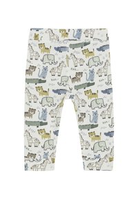 Leggings en coton avec un imprimé animal ludique dans diverses couleurs, y compris le vert, le gris et le bleu. Texture douce avec une taille élastique.