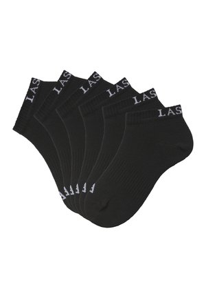 Black ankle socks in a pack of six, ribbed texture, with "LAS" printed in white on the cuff. Lightweight fabric suitable for daily wear.