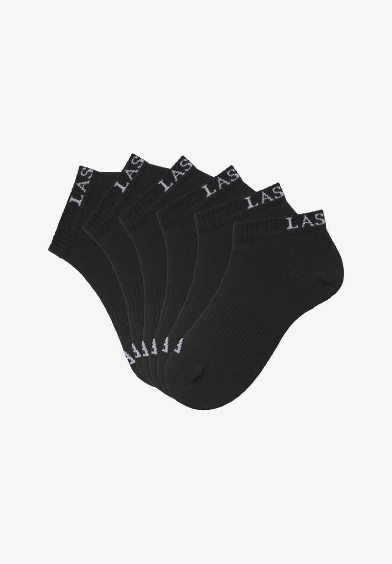 Schwarze Knöchelsocken im Sechserpack, gerippte Textur, mit "LAS" in Weiß auf dem Bündchen bedruckt. Leichter Stoff, geeignet für den täglichen Gebrauch.