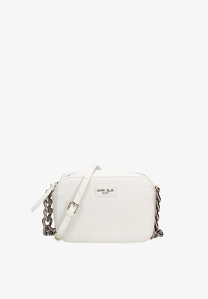 White rectangular crossbody bag with adjustable strap, chain accents, zipper closure, and Marc Ellis logo plaque on front.