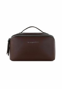 Bruine leren toilettas met een ritsluiting, handvat aan de bovenkant en "bugatti" in reliëf op de voorkant. Glad textuur zonder zichtbare patronen.