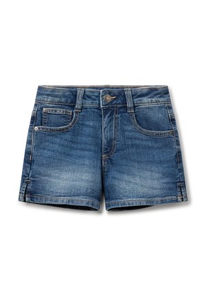 Blå denimshorts med knap foran, lynlås, bæltestropper og fem-lomme design, med let falming og små sideslids.