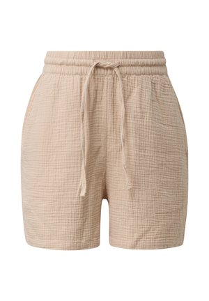 Short beige en tissu texturé avec taille élastique et cordon, conçu pour un usage décontracté.