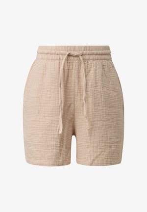 Short beige en tissu texturé avec taille élastique et cordon, conçu pour un usage décontracté.