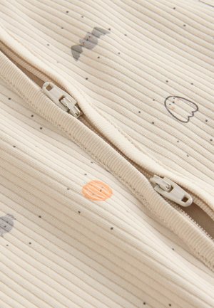 Cream ribbed fabric featuring gray bat, white ghost, and orange circle patterns, with a center zipper closure. Soft texture and lightweight design.
