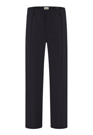 Marineblaue Hose mit lockerem Sitz, ausgestattet mit flacher Vorderseite und elastischem Bund. Das Material ist glatt mit einer dezenten Textur.