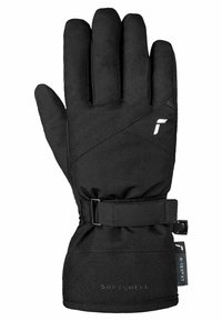 Schwarze Winterhandschuhe aus Softshell-Material, mit fünf Fingern, verstellbarem Handgelenkverschluss und diagonalem Nähmuster. Verfügt über ein Logo an der Seite.