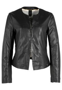 Giacca in pelle nera con collo rotondo, maniche lunghe e zip frontale. Presenta una texture liscia e un design minimalista.