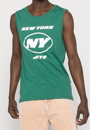 Green cotton sleeveless t-shirt featuring "NEW YORK JETS" and "NY" in bold white text, round neckline, and relaxed fit. Textured fabric.