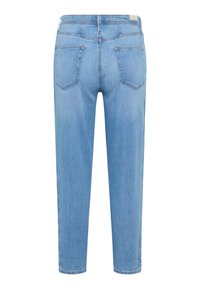 Lyseblå denimjeans med lige pasform, der har to baglommer, diskrete syninger og en standard linning.